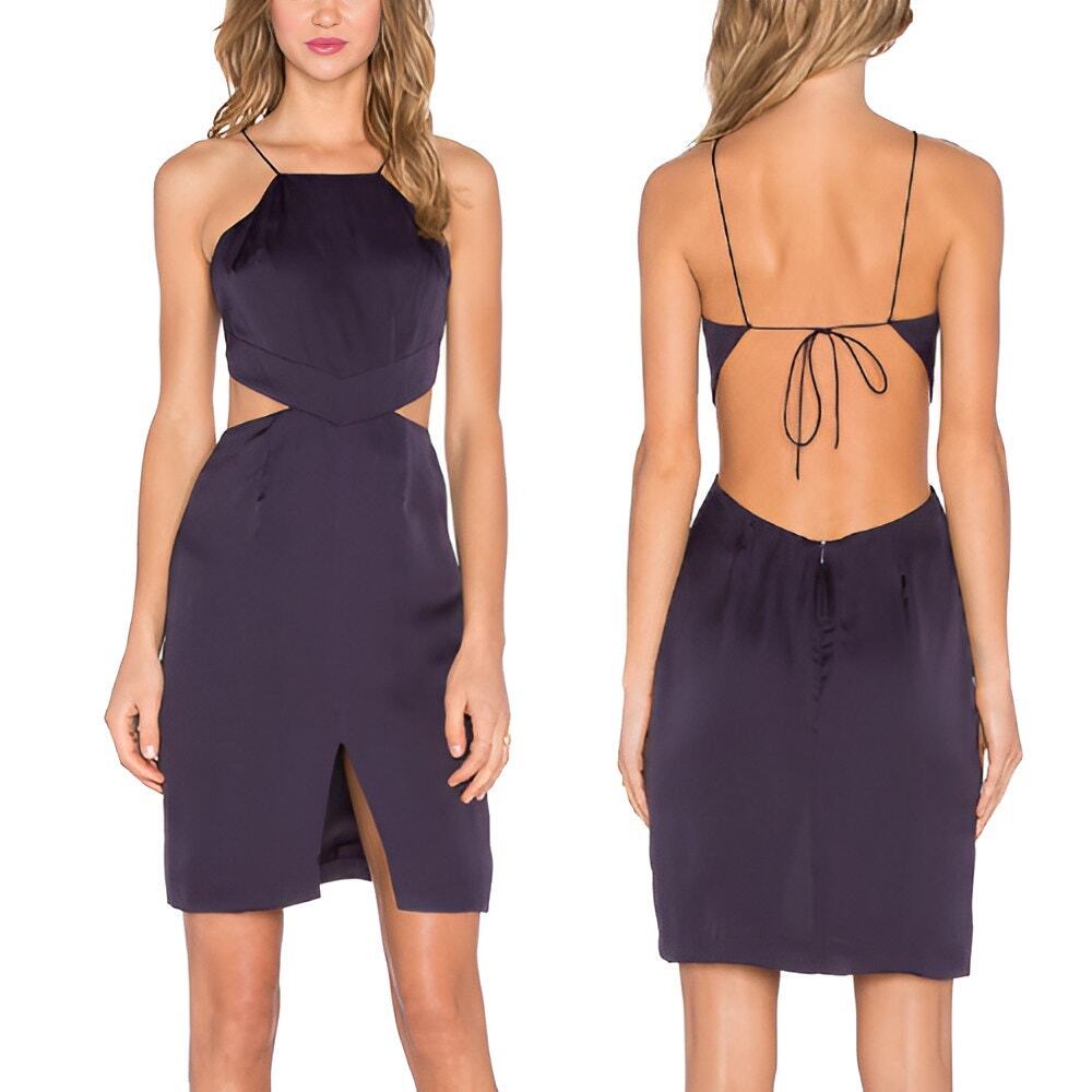 NBD Seduce Me Eggplant Purple Backless Slit Satin High Neck Mini Cocktail Dress